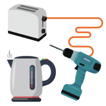 Illustrations of a toaster, electric drill and kettle.