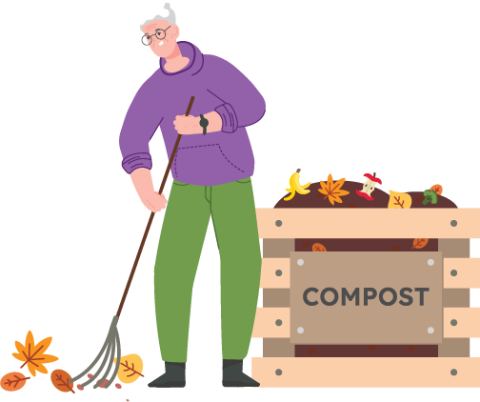 Hand drawn person raking leaves by a compost bin