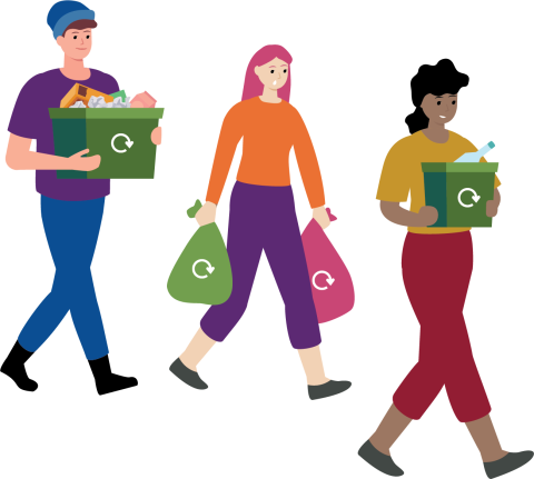 illustration of 3 people carrying recycling bins and bags