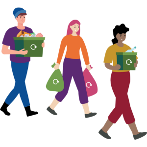 Illustration of three people carrying recycling boxes and bags.