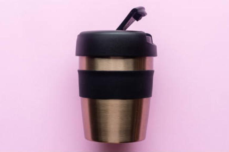 reusable stainless steel coffee cup with black lid