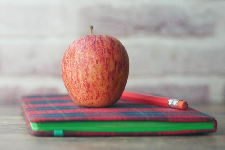 An apple on top of a diary with a pencil.