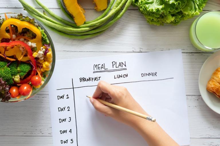 Hand writing a meal plan on paper surrounded by fresh food.