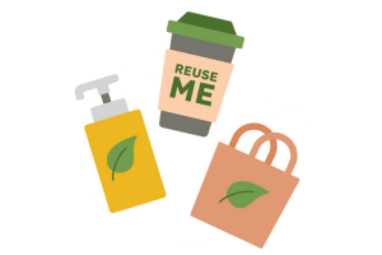 illustration of reusable cup, bag and soap dispenser