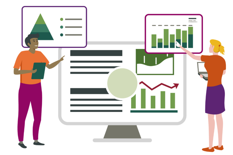 Illustration of two people looking at graphs