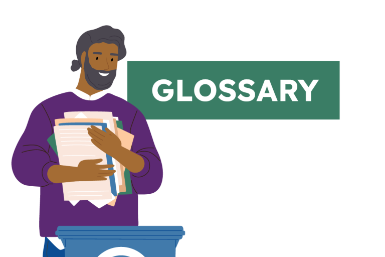 Person putting their paper recycling in a bin with the word 'glossary' behind them 