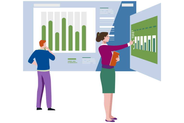 Illustration of two people looking at big charts. 