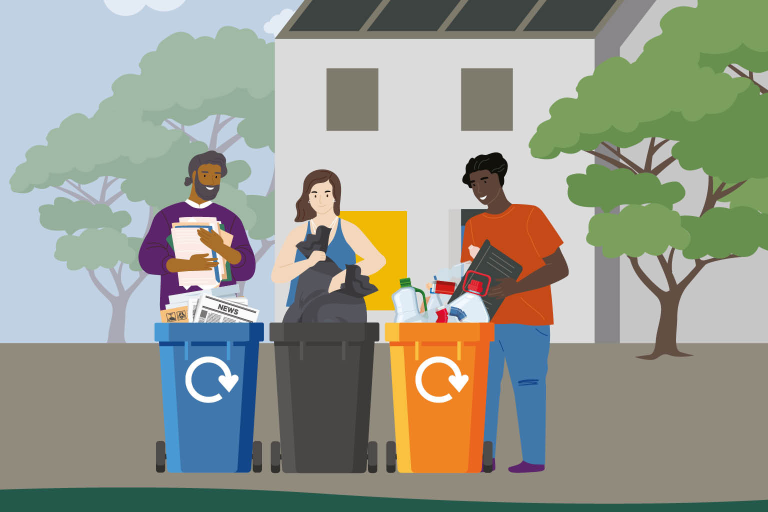 Illustrated people sorting their waste and recycling into various bins in front of a house and trees