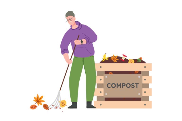 Illustration of person raking leaves for their compost heap