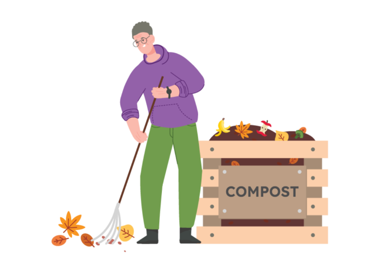 Person raking leaves next to a compost bin.