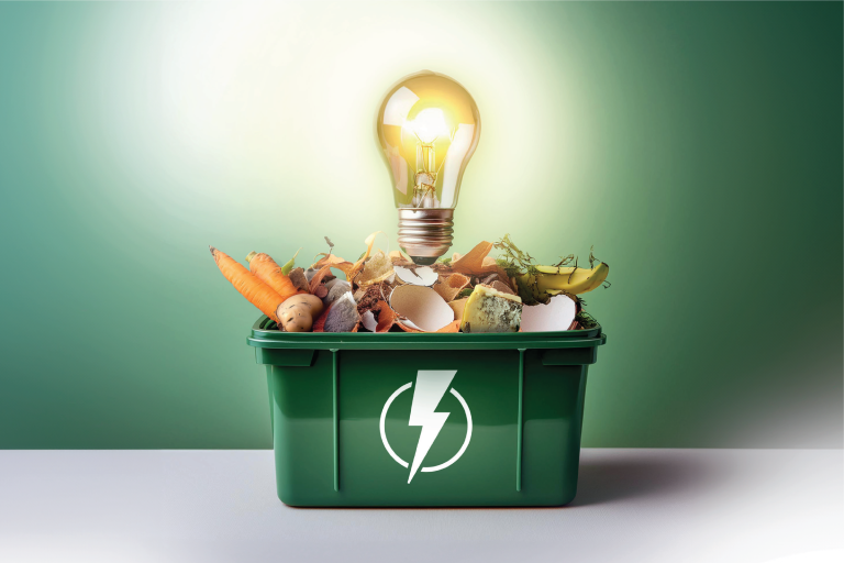 Food recycling caddy powering light bulb.