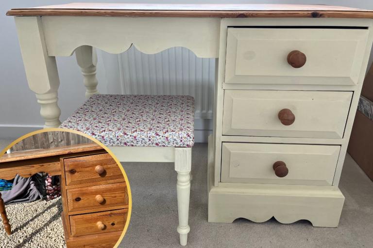 An upcycled and rejuvenated white table and stool, with a before image in the bottom left corner.