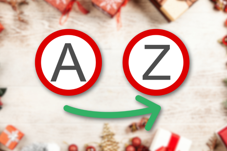 A circular array of Christmas items overlayed by an A-Z symbol.