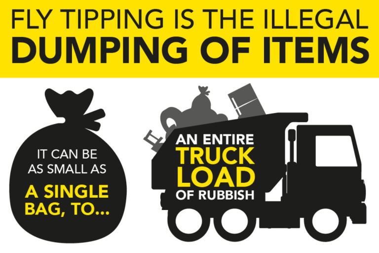 Infographic with text "Fly tipping is the illegal dumping of items. It can be as small as a single bag, to an entire truck load of rubbish."