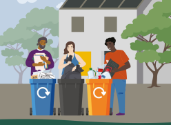 Illustrated people sorting their waste and recycling into various bins. in front of a house and trees