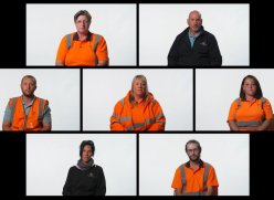 Seven recycling centre employees in their uniform, presented in a gallery layout on a black background.