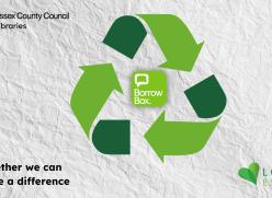 Green recycling symbol around the BorrowBox logo, on a crumpled paper background.