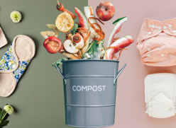 Left to right: two reusable period pads and a menstrual cup are laid on a green background accompanied by two flowers. A grey metal compost bin with food waste being thrown out on the bin into the air. Three reusable nappies, one yellow, one white and one pink are laid on a pink background with a white bottle.