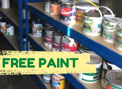 An image of some shelving containing several tins of partly used household paint. A yellow graphic strip to the left of the shelves has the words ‘Free paint’ on it. 