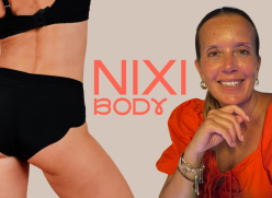 Left to right: A person wearing a black pair of reusable period pants. The Nixi Body coral coloured logo. A picture of a woman in an orange dress wearing her hair in a slicked back ponytail. The picture is of Kelly Newton, founder of Nixi Body. 