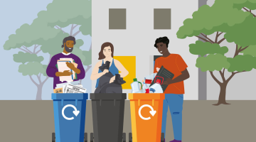 Illustrated people sorting their waste and recycling into various bins in front of a house and trees