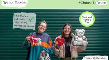 Two women in front of a green background and showing the camera some items they have recently freegled. The image reads “Reuse Rocks, #ChooseToReuse and National Reuse Day Friday 18 October”