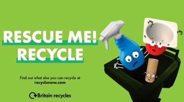  A green image of recyclable items with panicked faces on them being thrown into a general rubbish bin. This next to the text “Rescue Me! Recycle. Find out what else you can recycle at recyclenow.com” 