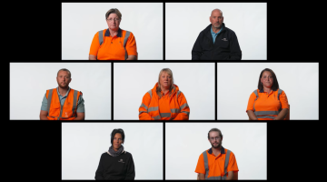 Seven recycling centre employees in their uniform, presented in a gallery layout on a black background.