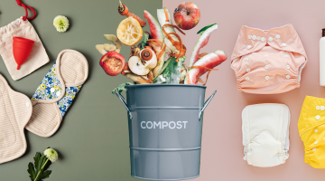 Left to right: two reusable period pads and a menstrual cup are laid on a green background accompanied by two flowers. A grey metal compost bin with food waste being thrown out on the bin into the air. Three reusable nappies, one yellow, one white and one pink are laid on a pink background with a white bottle.