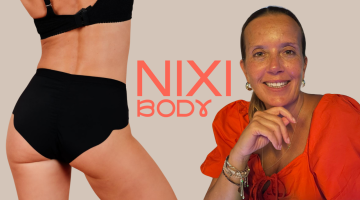 Left to right: A person wearing a black pair of reusable period pants. The Nixi Body coral coloured logo. A picture of a woman in an orange dress wearing her hair in a slicked back ponytail. The picture is of Kelly Newton, founder of Nixi Body. 