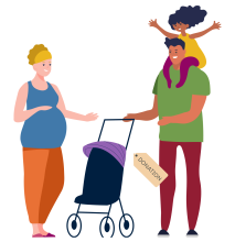 illustration of mum and dad donating childs pushchair