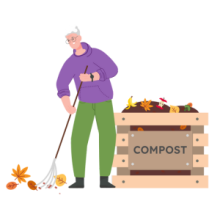 Illustrated person raking leaves towards a compost bin.