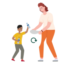 Illustration of child placing a plastic bottle in a recycling bag.