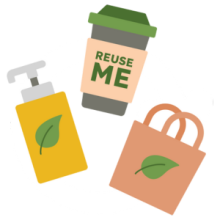 Illustration of reusable cup, bag and soap dispenser.
