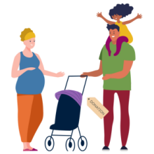 Illustration of a pregnant woman receiving a donation of a children's buggy.