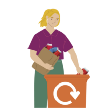 Illustration of a woman placing a can in a recycling box