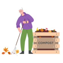 Illustration of a person raking leaves to add to a compost bin.