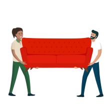 Illustration of two people carrying a red sofa.