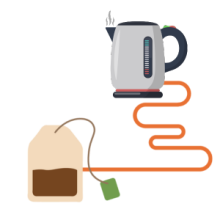 Illustration of a teabag connected to a kettle by a cable.