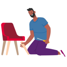 Illustration of a man repairing a leg of a red chair.