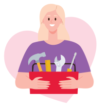 Illustration of a woman holding a toolbox with a heart background.