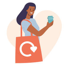 Illustration of person holding reusable coffee cup and bag.