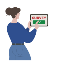 Illustration of a woman with a tablet that shows the word Survey.