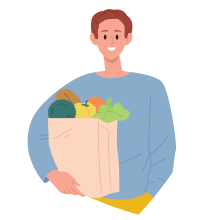 Illustration of a man carrying a bag of food.