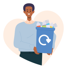 Illustration of a man carrying a blue recycling box.