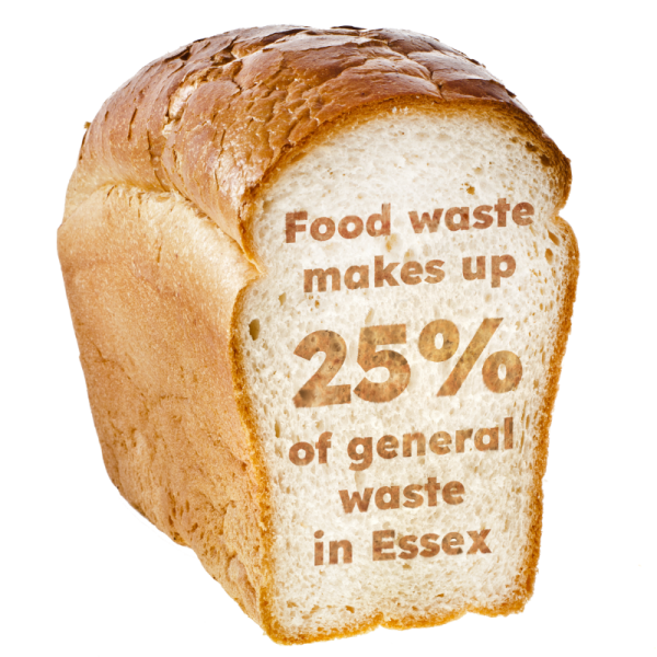 Loaf of bread cut to reveal the text reading Food waste makes up 25% of general waste in Essex.