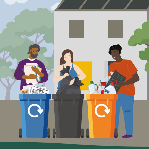 Illustrated people sorting their waste and recycling into coloured containers in front of a house and trees
