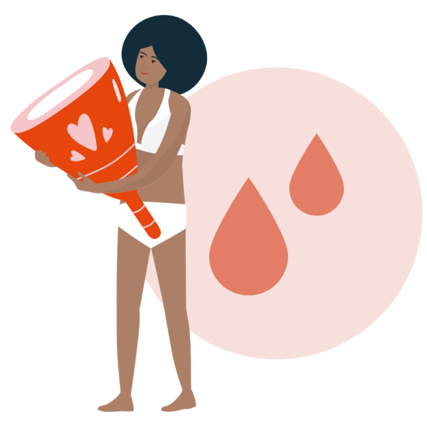 Illustration of person holding oversized menstrual cup.