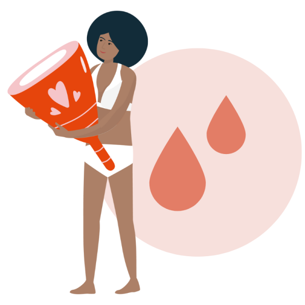 Illustration of person holding oversized menstrual cup