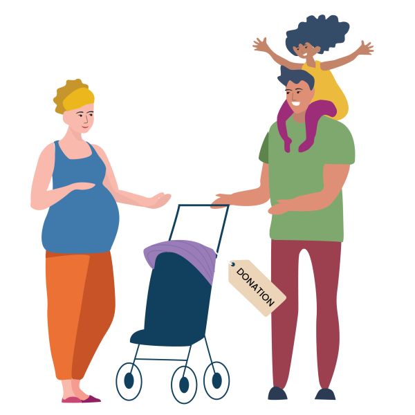 illustration of adult and child donating a buggy to a pregnant person.